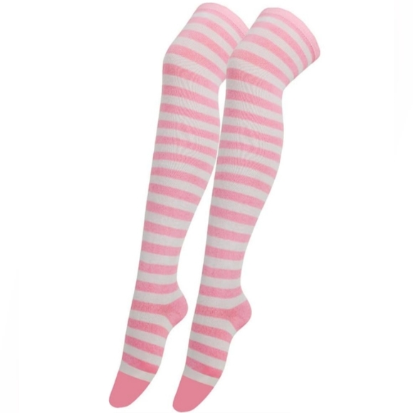 Pink White Striped Over The Knee Socks OTK Thigh High Tights Barbiecore New - Picture 2 of 12